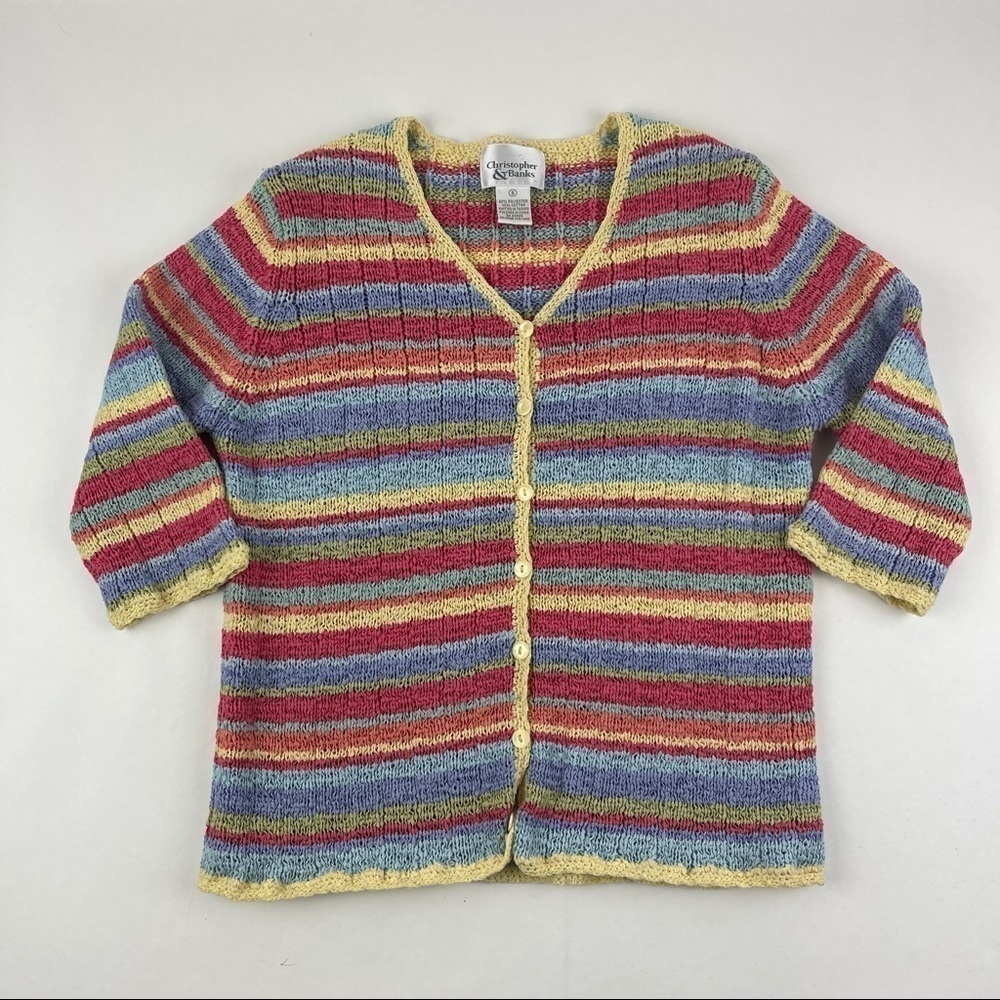 Christopher & Banks Sweater Womens Small Red Orange Striped 3/4 Sleeve Buttons